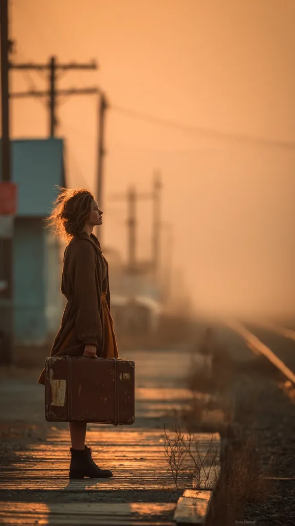 A young woman, dressed in a brown coat and boots, stands on a deserted train platform at sunset.  She carries a vintage suitcase, her gaze directed towards the horizon.  The warm, golden light casts long shadows, creating a melancholic and nostalgic atmosphere.  The scene suggests a journey, departure, or a moment of quiet contemplation.