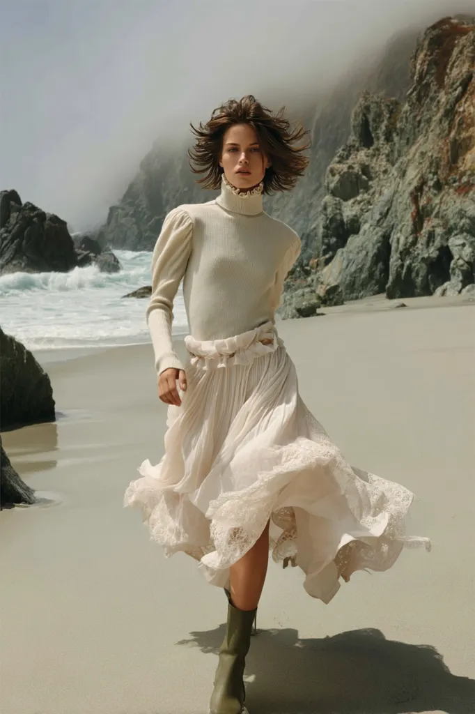 A fashion model with short brown hair walks on a beach. She wears a cream-colored turtleneck sweater with puffed sleeves and a flowing pleated midi skirt with lace trim.  The skirt billows around her as she moves, creating a dynamic image.  The backdrop is a dramatic rocky coastline and a misty ocean. The overall aesthetic is romantic and ethereal.