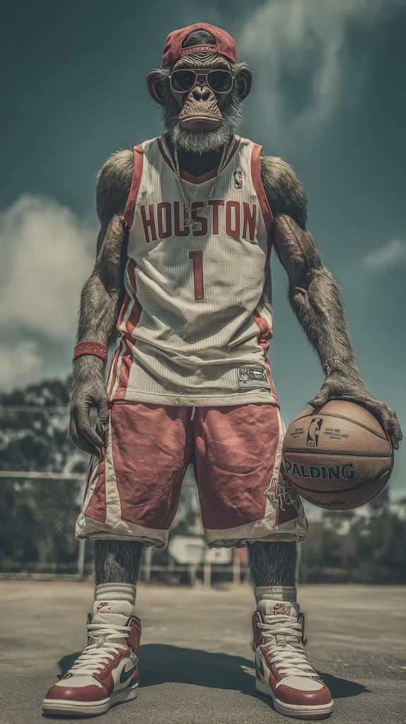 A chimpanzee, wearing a Houston Rockets jersey, red shorts, a baseball cap, and sunglasses, stands on a basketball court holding a Spalding basketball.  The chimp sports Air Jordan sneakers, completing the athletic and stylish look. The image is stylized with a gritty, slightly desaturated color palette, creating a dramatic effect.