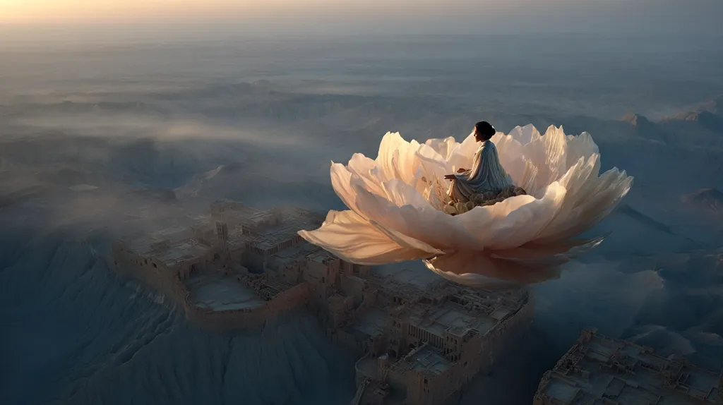 A woman in a flowing robe sits serenely atop a giant, translucent flower petal, floating above a mystical, ancient city nestled in a misty valley.  The scene is bathed in the soft light of sunrise or sunset, creating a dreamlike and ethereal atmosphere. The vastness of the landscape emphasizes the woman's peaceful isolation and the fantastical nature of her journey.