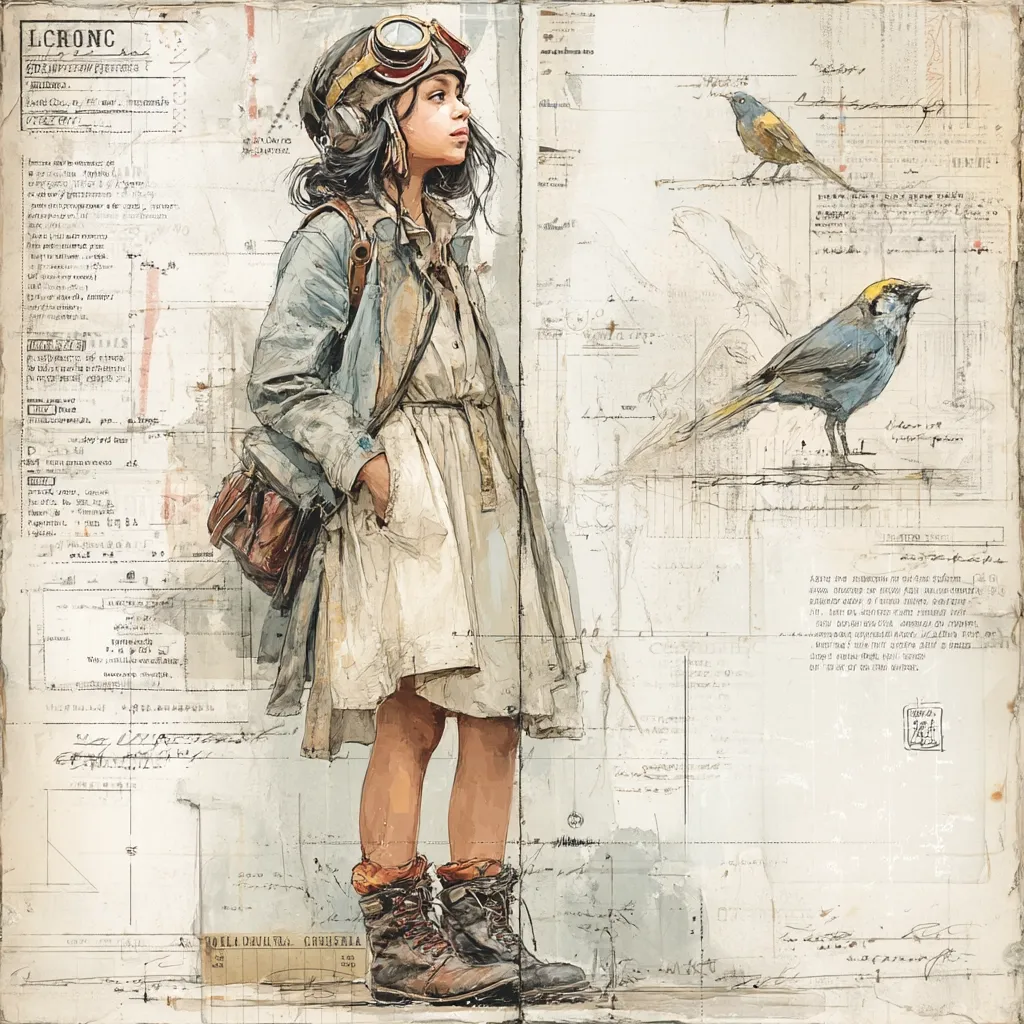 A young girl, clad in a vintage-style coat and goggles, stands amidst a backdrop of technical drawings and handwritten notes.  She carries a satchel, her boots sturdy and worn. Two birds, meticulously rendered, are featured on the collaged background, adding to the artwork's layered, whimsical, and slightly steampunk aesthetic. The overall style is reminiscent of a meticulously crafted scrapbook or journal.