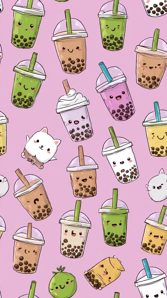 A cute, repeating pattern features various types of bubble tea cups with happy faces, each filled with boba pearls.  The drinks come in different colors like brown, green, purple, and beige, and are interspersed with adorable cartoon cats and a lime. The light pink background enhances the overall playful aesthetic of the design.