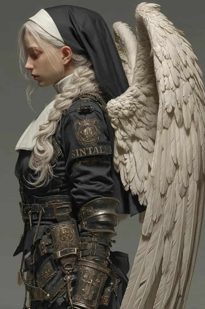 A digital painting depicts a pale woman, her long braid cascading down her back, dressed as a nun with a dark habit and ornate, armored sleeves.  Large, pale feathered wings sprout from her back, contrasting the dark clothing.  A gold emblem on her arm reads "SINTALE". The overall style blends religious iconography with gothic and steampunk aesthetics. The image is striking in its detail and contrast of light and dark.