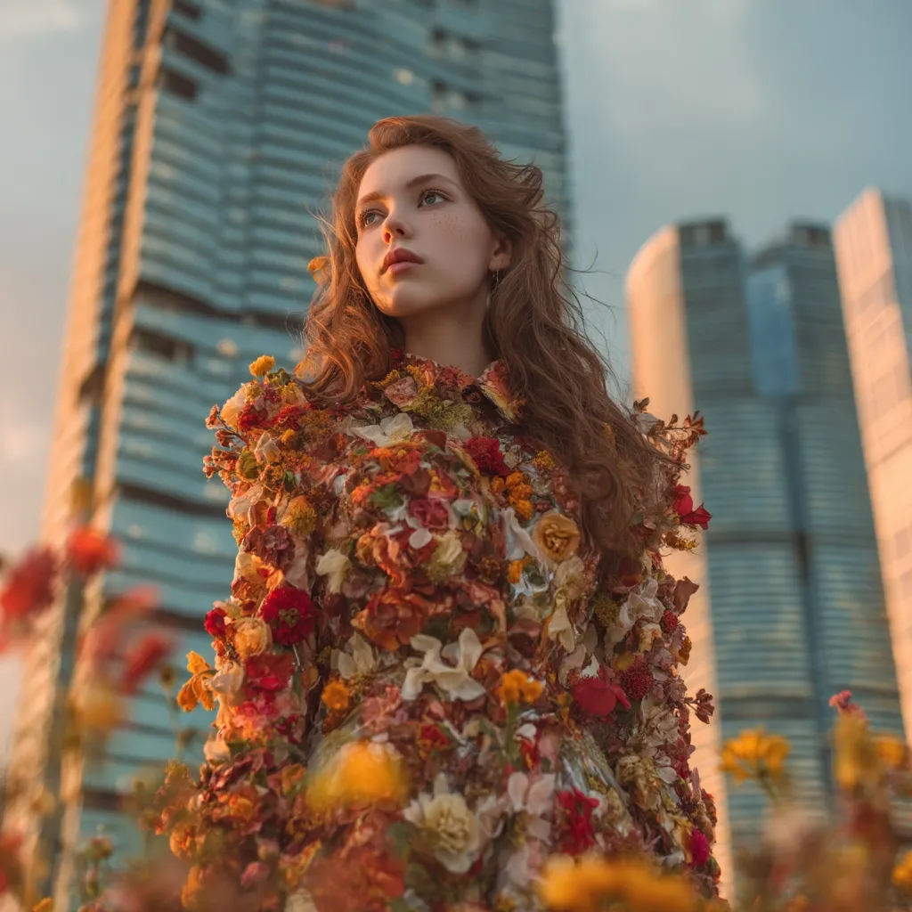 A young woman with long brown hair gazes upward, her gaze directed towards the towering skyscrapers behind her. She is adorned in a unique, intricately designed dress entirely covered in a vibrant array of dried flowers, creating a striking contrast between the natural beauty of the floral attire and the stark modern architecture.  The warm, golden light of the setting sun casts a soft glow on the scene.