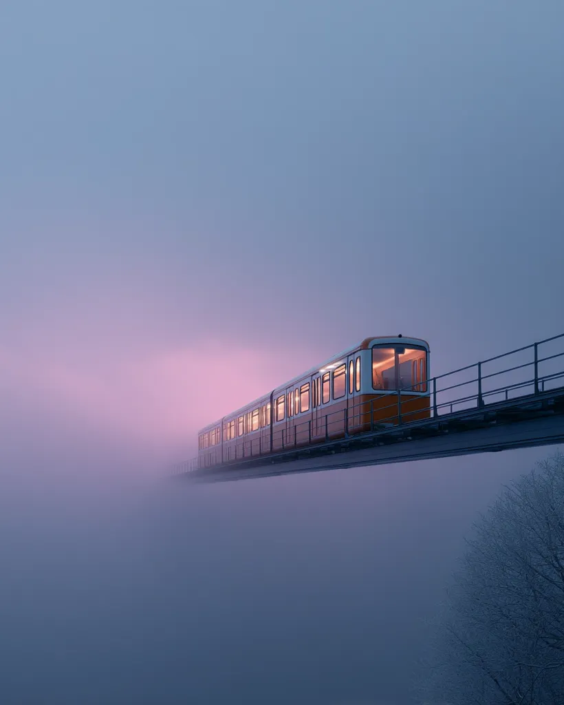 A lone, illuminated train glides along an elevated track, disappearing into a thick, ethereal fog.  The muted pastel sky suggests dawn or dusk.  Bare winter trees are faintly visible below, adding to the serene, almost surreal atmosphere. The scene evokes a sense of mystery and tranquility.