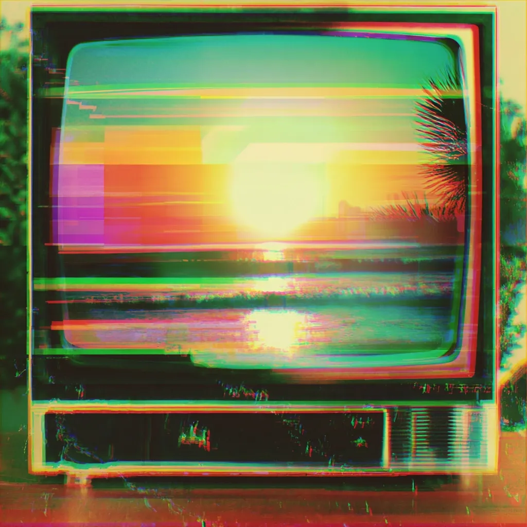 A vintage television screen displays a vibrant sunset over a tranquil ocean. The image is overlaid with a glitch effect, creating colorful distortions and horizontal lines across the screen.  The sunset is bright, casting a warm glow on the water.  A palm tree is partially visible in the corner, adding a tropical touch. The overall aesthetic is retro and nostalgic, with a hint of digital distortion.