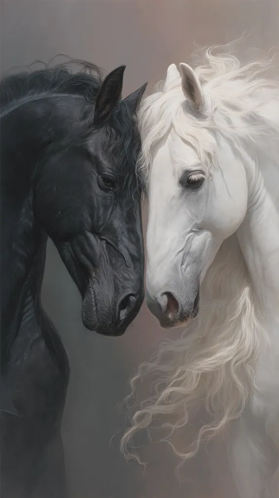 A stunning close-up depicts a black horse and a white horse standing side-by-side, their heads gently nuzzled together.  Their coats are exquisitely detailed, highlighting the contrast between the deep black and the flowing white. The soft lighting and muted background emphasize the animals' serene connection, creating a captivating image of grace and tranquility.