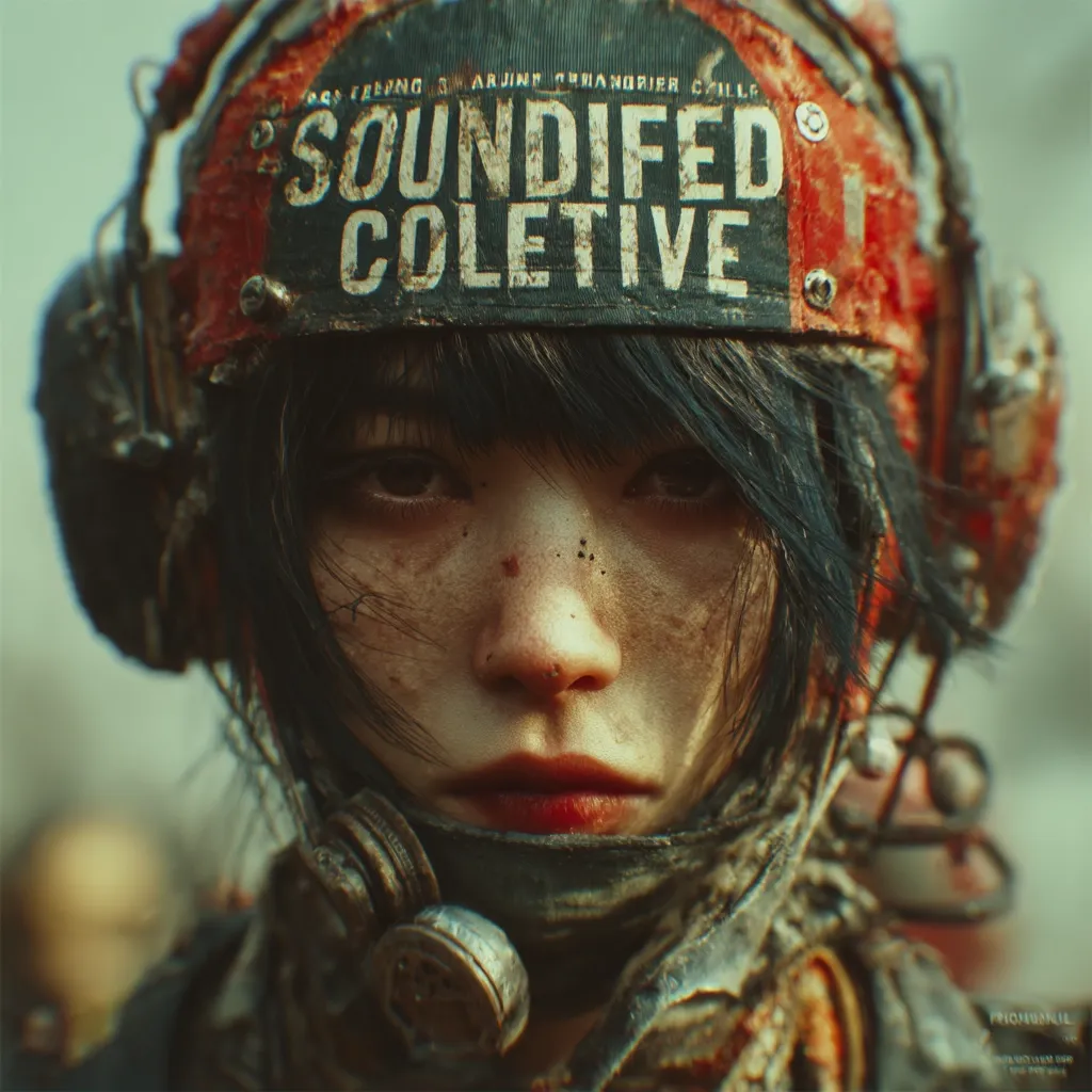 Close-up portrait of a young woman with dark hair, wearing a weathered red helmet bearing the words "Soundified Coletive."  Her face is dirty and shows signs of hardship, yet her expression is stoic and intense. The overall aesthetic is gritty and futuristic, suggesting a post-apocalyptic or dystopian setting.  The image evokes a strong sense of character and narrative.
