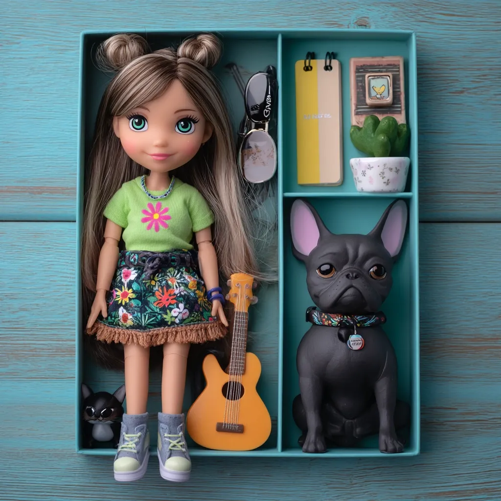 A teal gift box contains a doll with brown hair in pigtails, wearing a floral skirt and lime green shirt.  Beside her is a miniature black French bulldog wearing a collar, and a small acoustic guitar.  Other items include sunglasses, a notebook, a small succulent, and a tiny black cat figurine.  The scene is arranged on a teal wooden background.