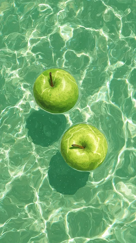 Two vibrant green apples float serenely in a pool of sparkling, translucent green water.  Sunlight filters through the surface, creating shimmering patterns on the water's surface and highlighting the apples' smooth skins. The scene evokes a sense of calm and refreshing coolness.