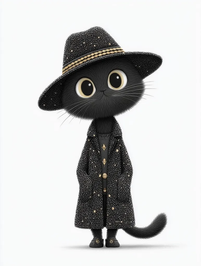 A stylish black cat, rendered in 3D, is depicted wearing a wide-brimmed black hat adorned with a gold band, a long black coat speckled with gold accents, and black shoes.  The cat has large, expressive eyes and a fluffy tail. The overall style is chic and sophisticated, giving the cat a fashionable and elegant appearance.