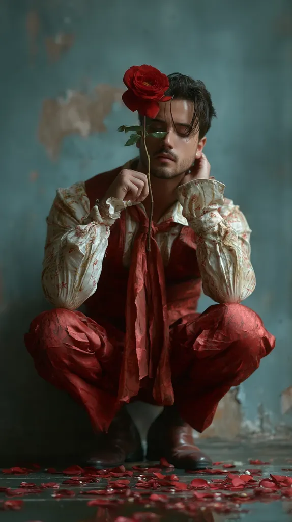 A young man, crouched on a grunge background, delicately holds a single red rose against his face. He's dressed in a flamboyant ensemble: a cream, patterned shirt with puffed sleeves, and rich crimson pants and vest.  The overall mood is dramatic and melancholic, accentuated by scattered rose petals on the floor. The image has a theatrical, almost baroque quality.