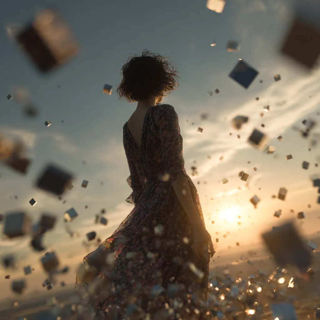 A woman in a dark floral dress stands with her back to the camera, silhouetted against a sunset.  Numerous small, metallic cubes float around her, creating a surreal and dreamy atmosphere. The scene is evocative of freedom, mystery, and the passage of time.  The woman's short, dark hair is windblown, adding to the sense of movement and ethereal beauty.