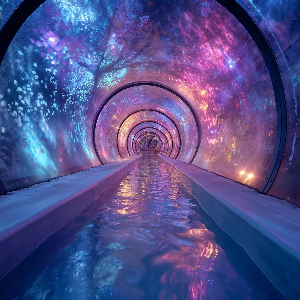 A mesmerizing tunnel of swirling purple and blue light.  Water flows down the center, reflecting the ethereal glow from the walls. The tunnel's cylindrical structure creates a sense of depth and infinity, resembling a cosmic dreamscape or underwater world.  The vibrant colors and tranquil water create a magical and serene atmosphere.