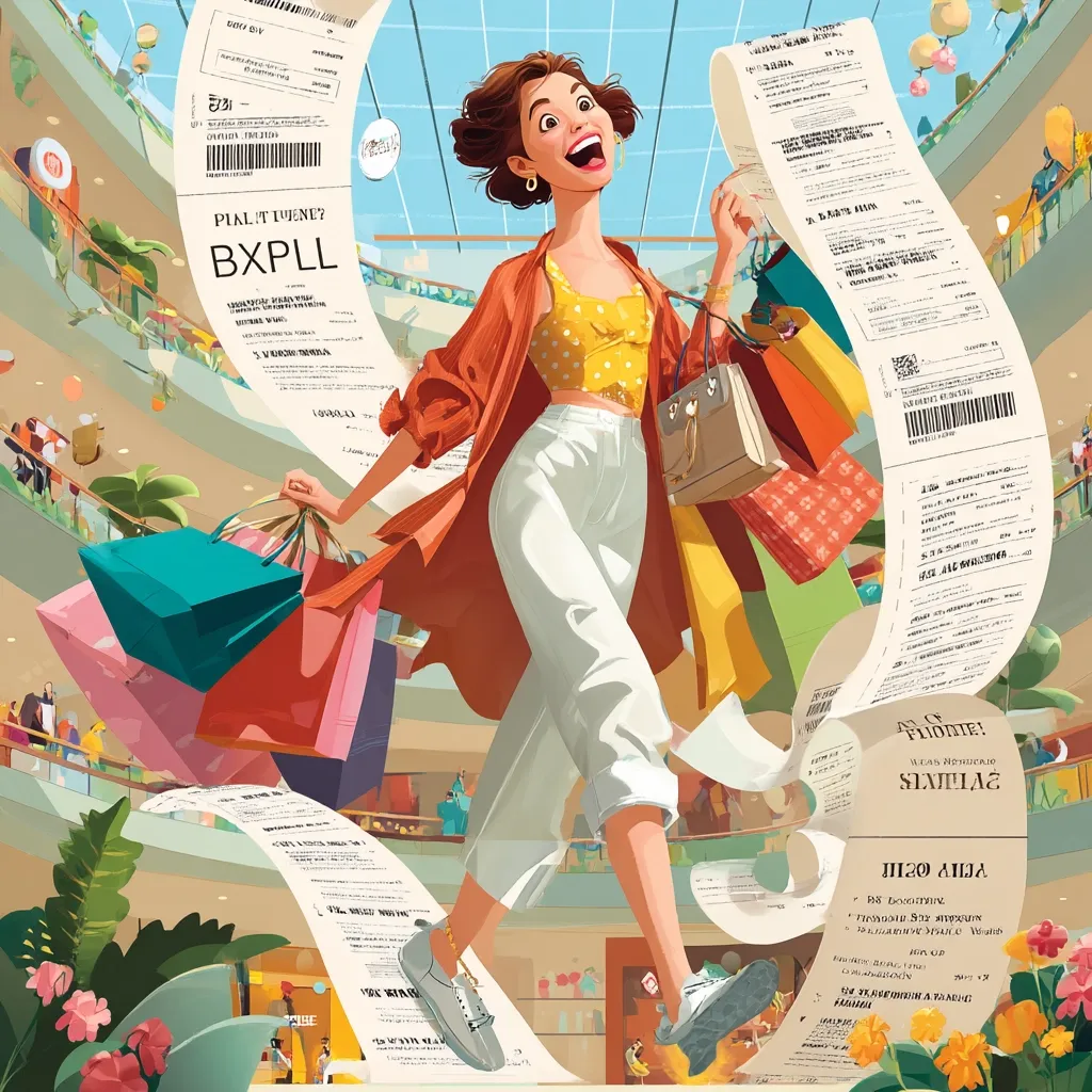 A vibrant illustration depicts a stylish woman joyfully striding through a bustling shopping mall, laden with shopping bags and trailing a long, unwinding receipt.  She's dressed in a trendy orange cardigan, yellow top, and white pants, radiating happiness. The scene is filled with colorful bags, receipts, and hints of other shoppers, conveying the excitement and energy of a successful shopping spree.