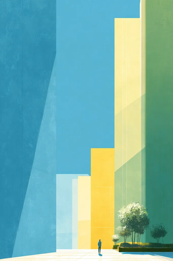 A stylized illustration depicts a lone figure standing in a minimalist cityscape.  Tall buildings in varying shades of blue, yellow, and green create a geometric composition under a bright blue sky.  Small, meticulously placed trees provide a touch of nature amidst the stark architectural forms.  The overall mood is serene and contemplative.