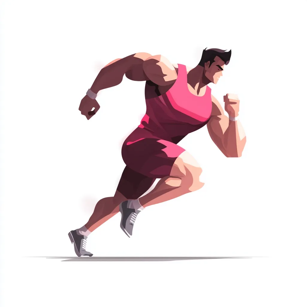 A stylized illustration depicts a muscular male athlete mid-sprint.  He's wearing a pink sleeveless running suit and dark shoes, his body angled dynamically to suggest speed and power.  The clean white background accentuates the figure's strength and motion. The style is reminiscent of graphic novel art or a sporty logo.