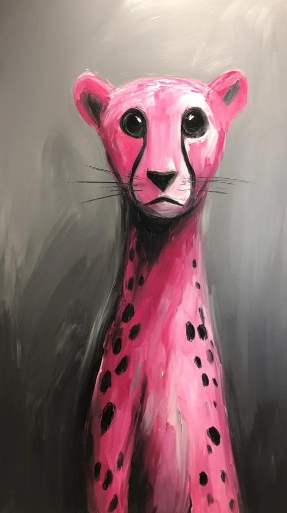 A vibrant pink cheetah is depicted in this expressive painting.  The artist uses bold brushstrokes and a contrasting dark gray background to highlight the animal's striking color.  The cheetah's spots are rendered in black, and its large, expressive eyes are a focal point. The overall style is loose and impressionistic, emphasizing texture and emotion rather than precise detail.