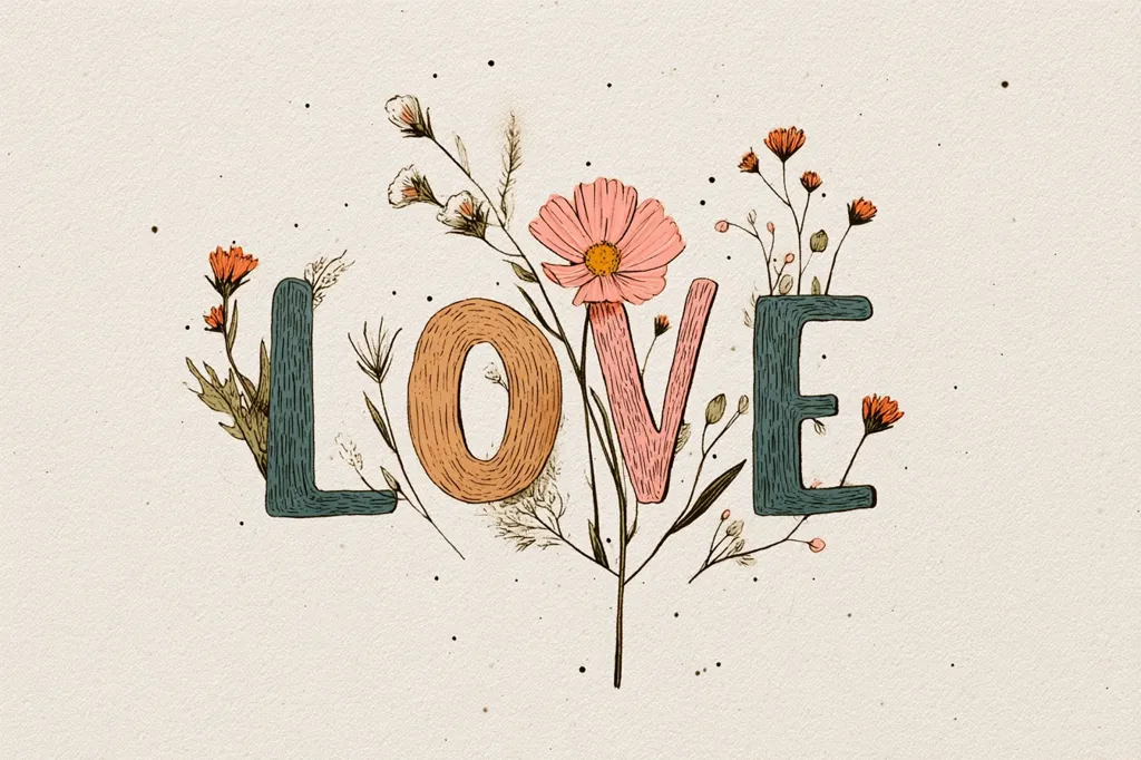 The word "LOVE" is depicted in stylized lettering, each letter interwoven with delicate floral illustrations.  Peach and teal colored letters are accented by small, hand-drawn flowers and stems in varying shades of orange, white, and green against a creamy textured background.  The overall style evokes a feeling of warmth and romanticism.