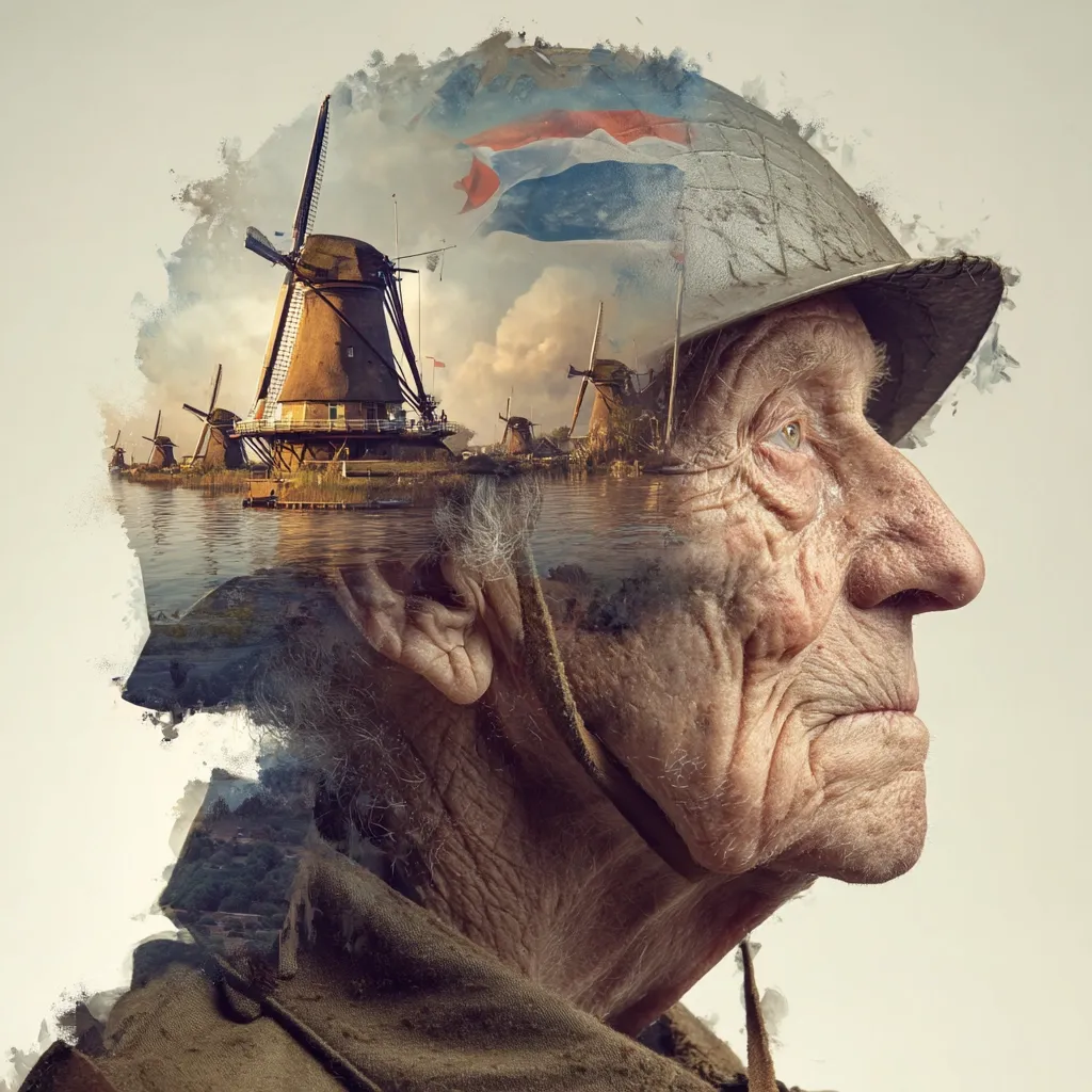 A poignant double exposure image depicts an elderly man, possibly a veteran, in profile.  His face is weathered and lined, suggesting a life of experience.  Overlaid is a serene Dutch landscape featuring iconic windmills reflected in calm water, subtly evoking a sense of peace and homeland. The image blends the harsh realities of war with the beauty of a peaceful country, creating a powerful visual metaphor.