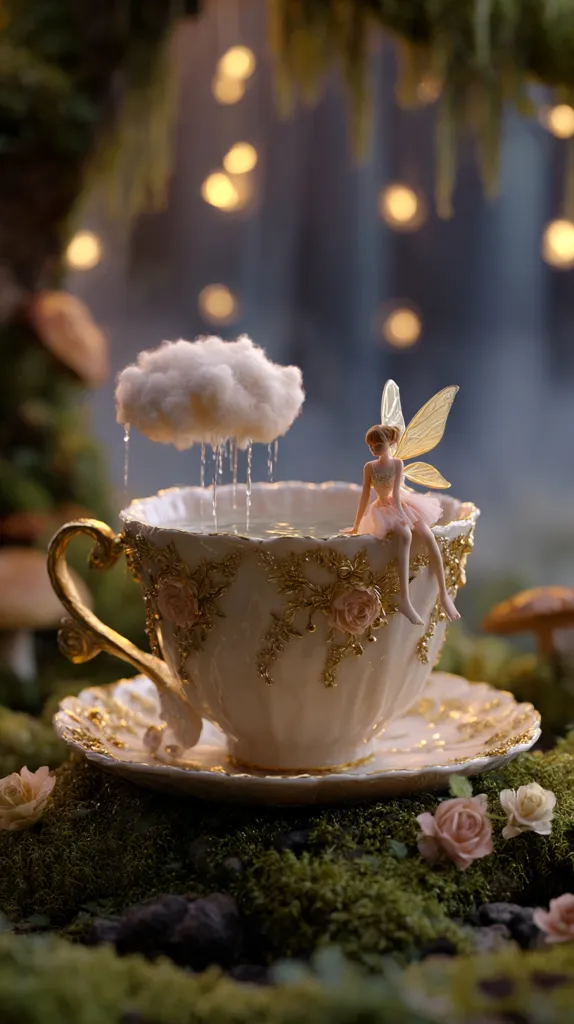 A miniature fairy with delicate wings sits on the rim of an ornate teacup. A small cloud hovers above, releasing gentle rain into the cup.  The scene is set in a whimsical, mossy forest, illuminated by soft, warm lights.  The overall aesthetic is ethereal and enchanting, reminiscent of a fairy tale.