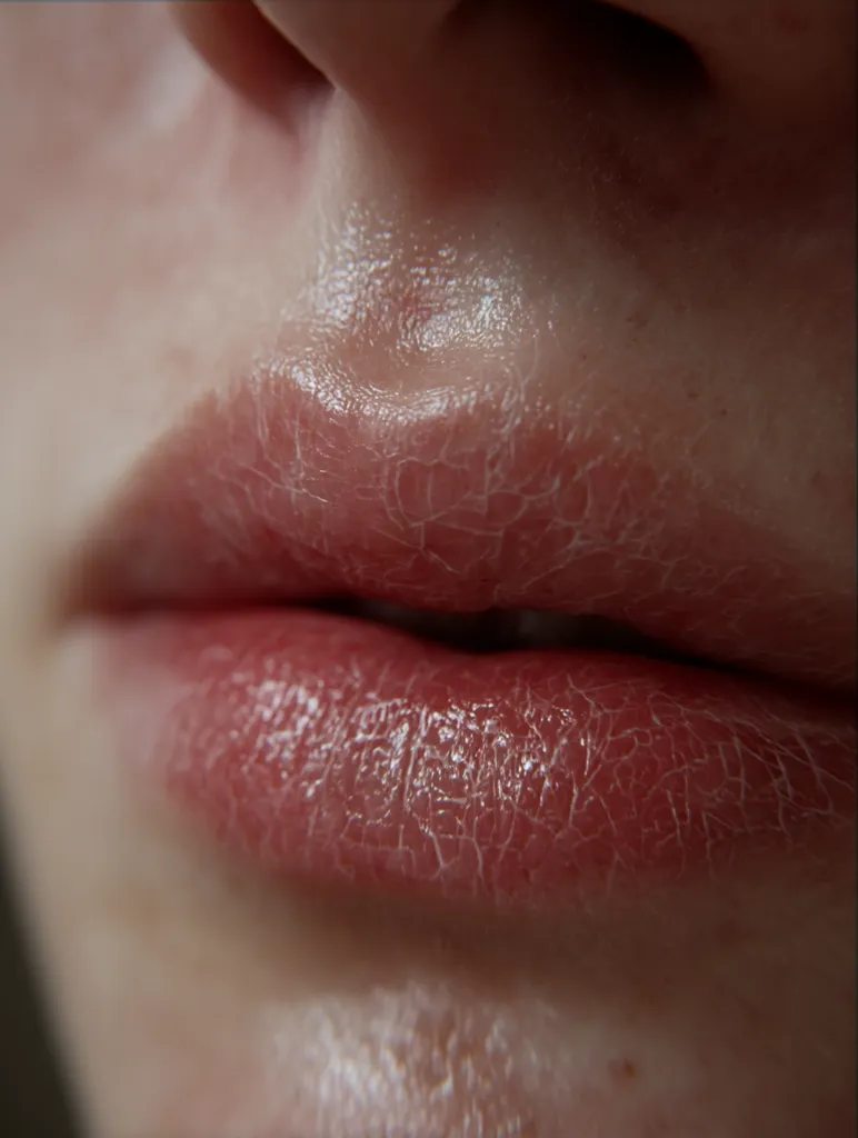 A close-up image reveals a person's chapped lips.  The skin is dry and cracked, exhibiting a network of fine lines.  A slight sheen of moisture is visible on the surface, particularly around the lip border. The overall texture appears rough and dehydrated, indicative of a need for lip balm or other moisturizing treatment.  The color is a natural, pale pinkish-red.