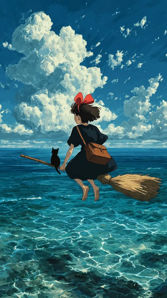 A young witch with a red bow in her hair flies on a broomstick over a tranquil ocean, her black cat perched beside her.  The sky is a vibrant blue dotted with fluffy white clouds.  She wears a dark dress and carries a small brown bag. The scene evokes a sense of freedom and magical adventure.