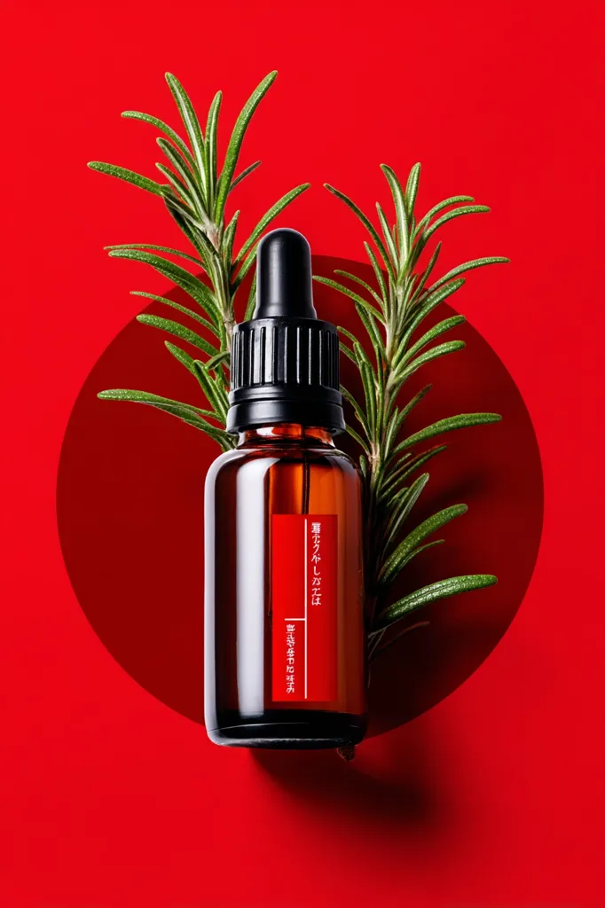 A dark amber glass bottle with a black dropper top sits on a vibrant red background.  Two sprigs of fresh rosemary flank the bottle, partially obscuring it.  The bottle features a minimalist red label with Japanese text. The scene is sharply focused, creating a clean and sophisticated aesthetic.  The red background and circle shadow add a modern design element.