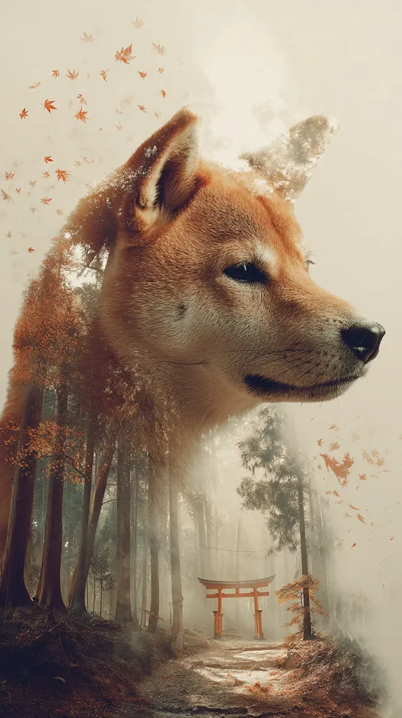 A Shiba Inu dog's head is artfully blended with a serene autumnal forest scene.  Falling leaves swirl around the dog, which appears to be gazing thoughtfully. A traditional Japanese torii gate is visible in the misty background, leading into a path within the woods. The image evokes a sense of tranquility and blends the natural world with the animal.