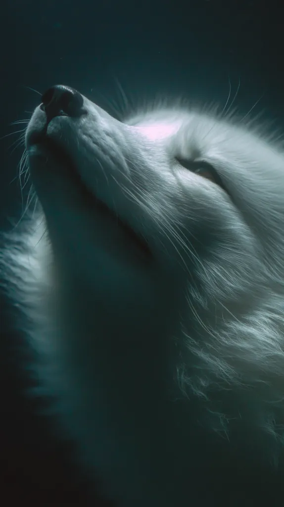 A close-up, stylized image depicts a white arctic fox's face and upper body.  Its fur is highlighted, appearing luminous against a dark, moody background. The fox's head is tilted back slightly, its eyes partially closed, giving a serene and almost ethereal impression. The overall tone is dark and mysterious, emphasizing the animal's soft fur and delicate features.