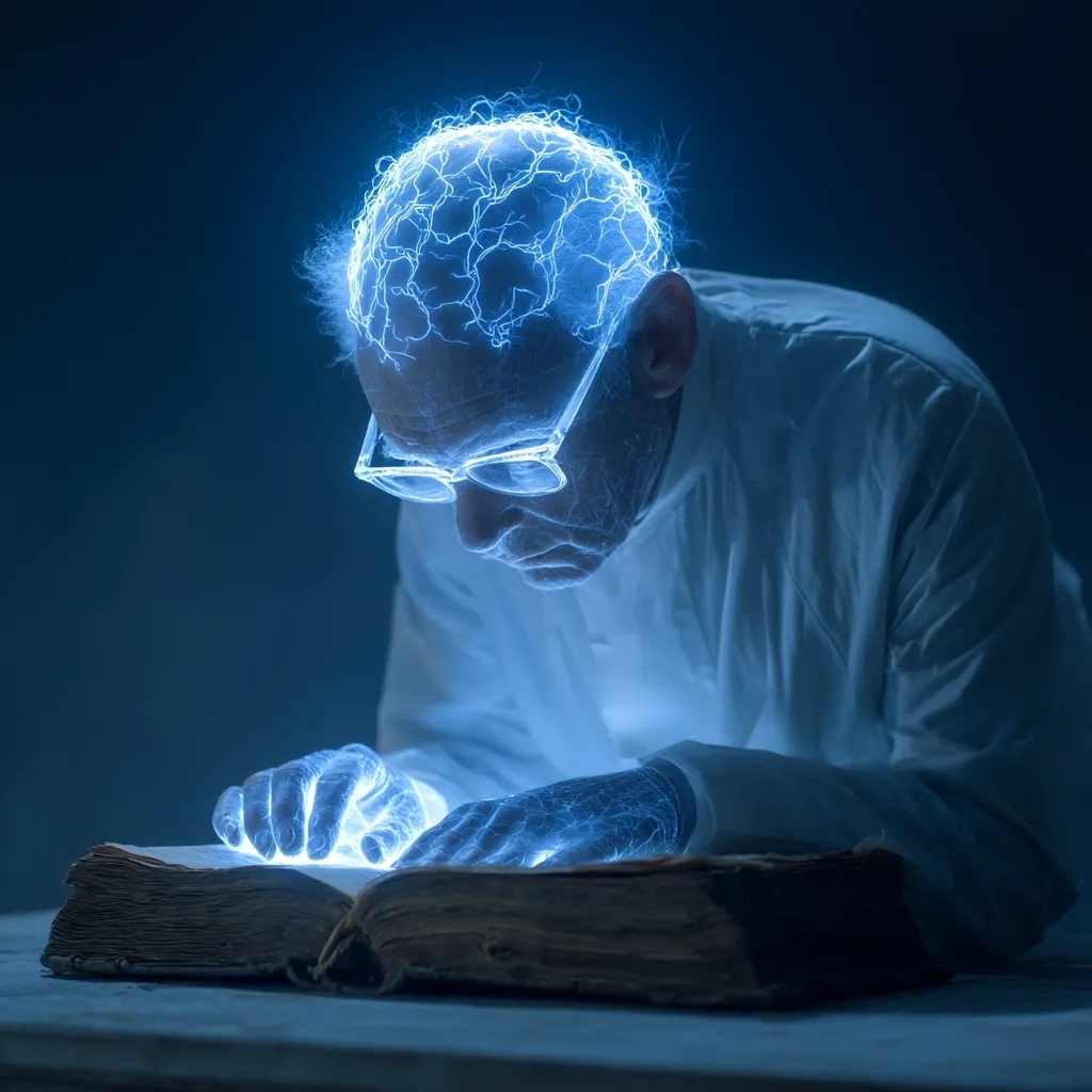 An elderly man, wearing a white lab coat and glasses, leans over an antique book.  His head is enveloped in a vibrant, glowing blue energy, resembling electrical currents or neural pathways, suggesting intense mental activity or a profound connection to the knowledge within the book. The scene evokes a sense of mystery and intellectual pursuit.