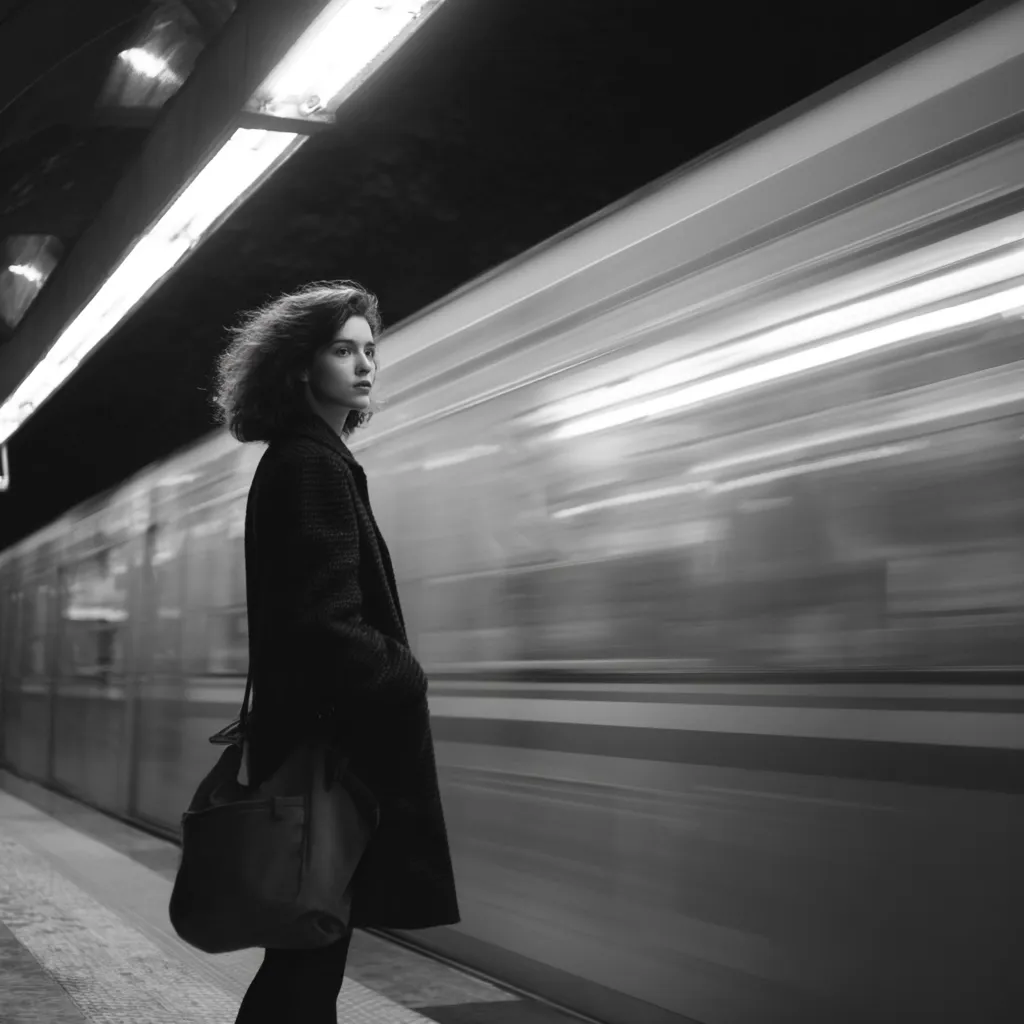 A young woman with shoulder-length curly hair stands on a subway platform, a tote bag slung over her shoulder.  She wears a dark coat and gazes pensively ahead as a blurred train rushes past, its motion captured in a streak of light and shadow. The monochrome image emphasizes the contrast between her stillness and the dynamic energy of the passing train. The scene evokes a sense of quiet contemplation amidst urban transit.