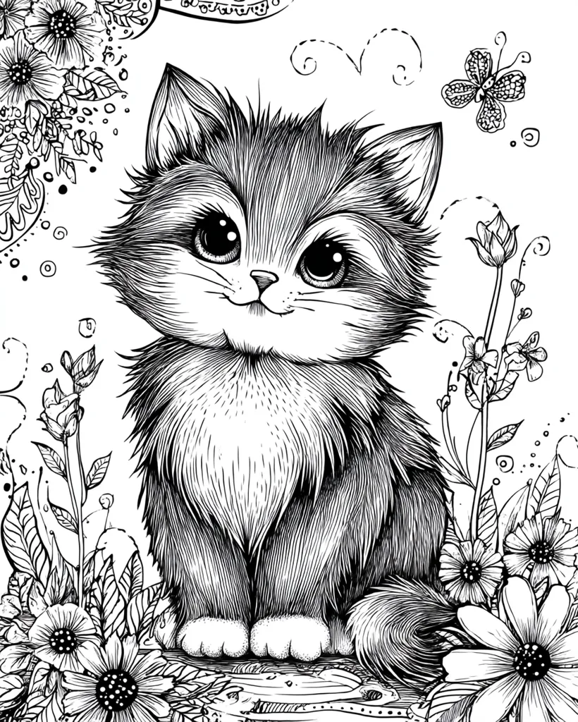A charming black and white illustration features a fluffy kitten with large, expressive eyes, sitting amidst a garden of intricately detailed flowers.  The kitten's fur is meticulously rendered, showing individual strands.  Surrounding flora includes various blossoms and swirling vines, creating a whimsical, enchanting scene perfect for coloring. A small butterfly adds to the detail.