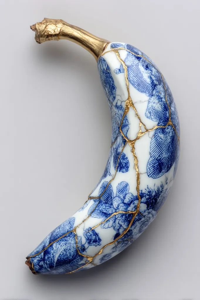 A porcelain banana, meticulously crafted, is depicted.  Its surface is adorned with a blue and white floral pattern reminiscent of traditional Chinese porcelain.  Intricate gold cracks spiderweb across the piece, adding a striking contrast and texture.  The stem is a gold color. The banana is presented against a plain grey backdrop.