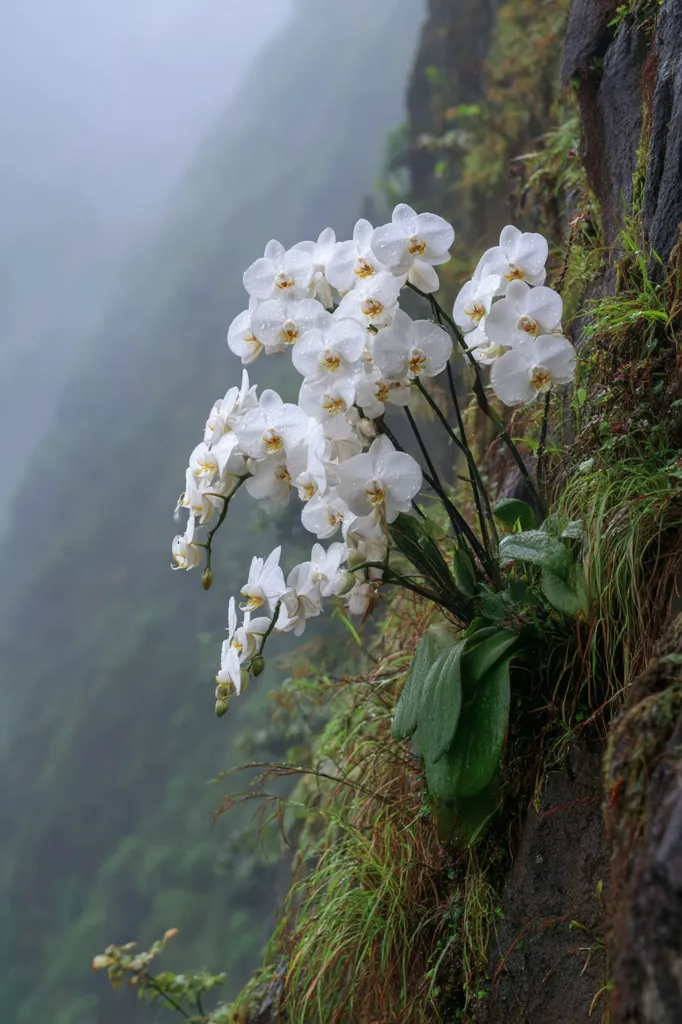 A cluster of delicate white orchids, glistening with raindrops, clings to a moss-covered cliff face.  The misty background suggests a high-altitude, possibly mountainous, location. The orchids cascade down the rock, their vibrant white contrasting sharply with the muted greens and grays of their environment.  The scene evokes a sense of serenity and the tenacity of nature.