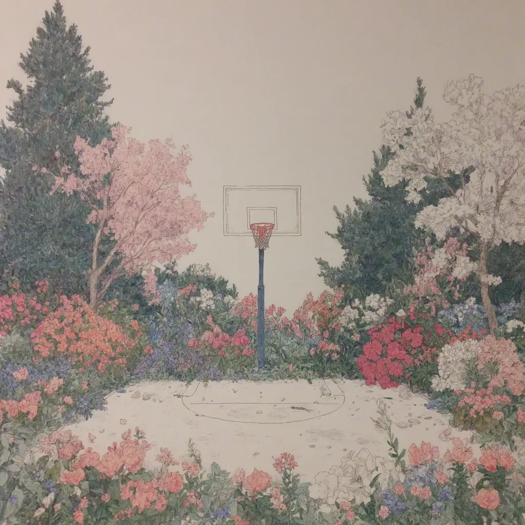 A serene illustration depicts a basketball hoop standing in the center of a meticulously detailed garden.  Surrounding the hoop are vibrant flowering bushes and trees in various shades of pink, white, and green, creating a peaceful and unexpected juxtaposition of nature and sport.  The art style is detailed and reminiscent of botanical illustrations. The overall mood is calm and contemplative.