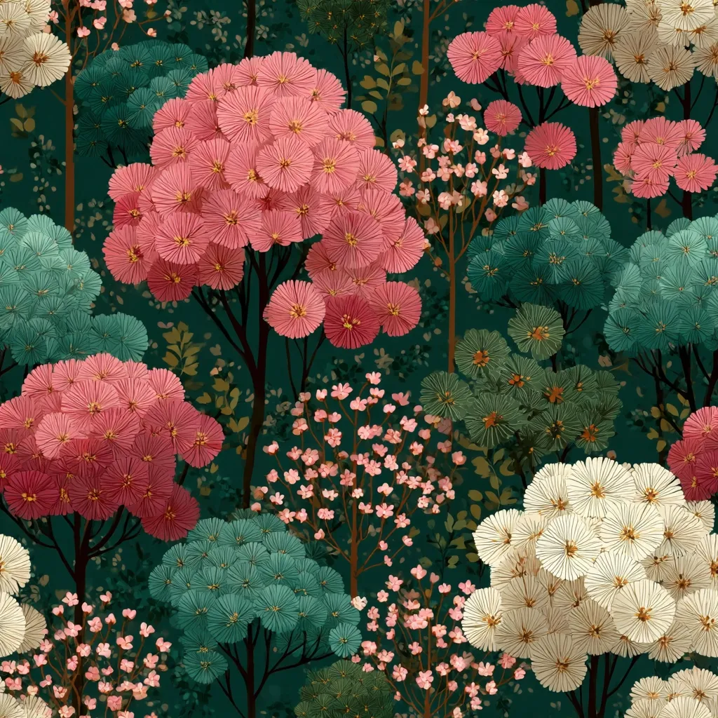 A seamless pattern showcases a stylized forest scene.  Pink, teal, and cream-colored trees with pom-pom-like blossoms dominate the design, interspersed with smaller flowering shrubs.  The dark teal background enhances the vibrancy of the floral elements, creating a lush and whimsical texture.  The overall aesthetic is both modern and reminiscent of traditional botanical illustrations.