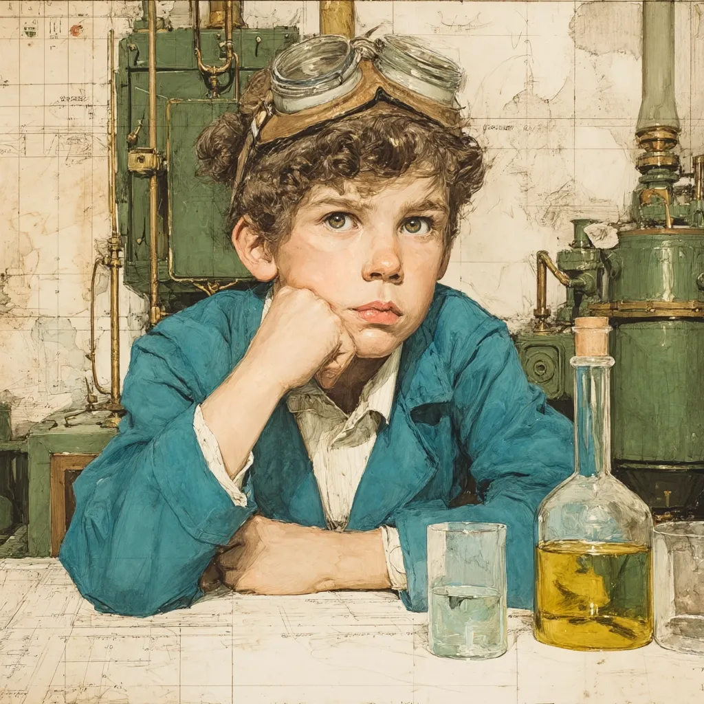 A young boy with curly hair, wearing goggles and a teal jacket, rests his chin on his fist. He sits at a table covered in blueprints, beside a glass of water and a bottle of yellow liquid.  A complex piece of machinery, possibly an engine or distiller, forms a backdrop to the scene. The overall style suggests a realistic painting, possibly depicting a young inventor or scientist.
