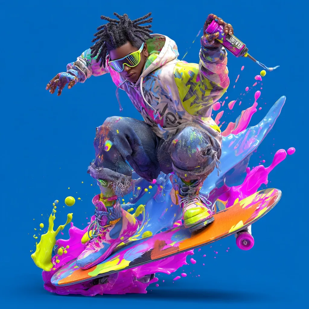 A vibrant digital artwork depicts a young man with dreadlocks and colorful clothing skateboarding amidst a splash of bright paint.  He wears futuristic sunglasses and high-top sneakers, holding a spray can.  The skateboard is coated in the same dynamic, multicolored paint, creating a powerful and energetic image. The background is a solid, contrasting blue.