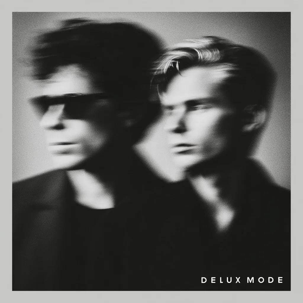 A black and white, blurred image shows two men, possibly a band, in profile.  The image is artistically out of focus, creating a dreamlike or ethereal effect.  The men's features are partially obscured, yet their hair styles and clothing are visible.  The words "DELUX MODE" are subtly placed at the bottom. The overall mood is mysterious and stylish.