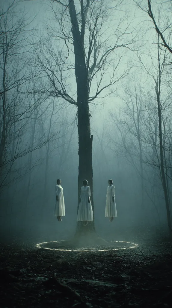 Three figures in white dresses hang from a large tree in a misty, dark forest.  A faint, glowing circle surrounds the base of the tree. The scene is eerie and evokes a sense of mystery and the supernatural. The overall atmosphere is somber and chilling, with the stark contrast between the white dresses and the dark forest creating a powerful visual effect.