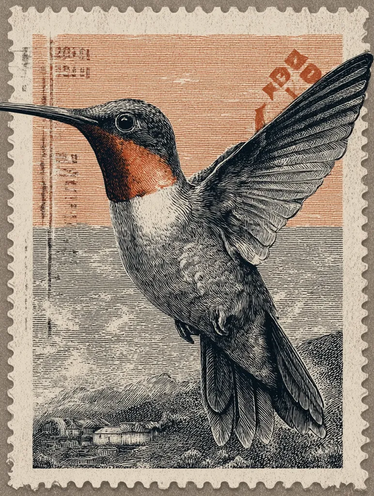 A postage stamp depicts a detailed illustration of a hummingbird in flight.  The bird is rendered in black and white ink, with a striking red throat. The background features a stylized landscape with distant buildings and a textured sky. The stamp design has a vintage aesthetic, suggesting an antique or commemorative piece.  The overall color palette is muted earth tones with a peach-colored central panel.