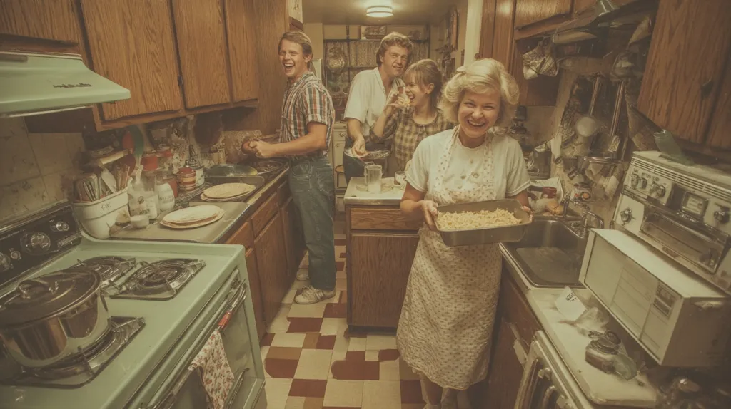 A vintage-toned photo captures a busy family kitchen.  Three young adults and an older woman, possibly a grandmother, are involved in preparing a meal.  The kitchen is cluttered but warm, with retro appliances and wooden cabinets.  The woman holds a casserole dish, while the others assist with cooking.  The scene evokes a feeling of family and togetherness in a homey, slightly chaotic setting.