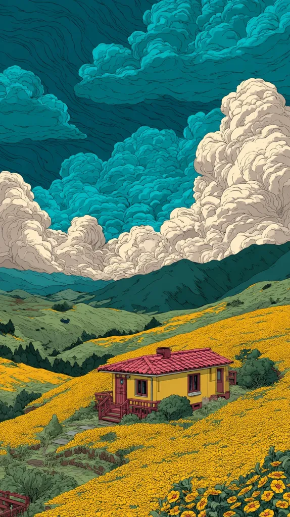 A vibrant illustration depicts a quaint yellow house nestled amidst a sprawling field of bright yellow flowers.  Rolling green hills and majestic mountains form a picturesque backdrop under a dramatic sky filled with teal and off-white clouds.  The detailed style evokes a sense of tranquility and natural beauty.  A small stone pathway leads to the house, adding to the idyllic scene.
