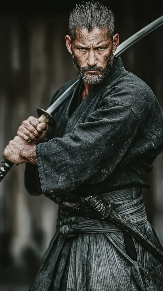 A weathered, grizzled warrior, his gray hair neatly styled, holds a katana across his body.  His intense gaze and serious expression are accentuated by his worn, dark clothing and the aged samurai sword.  The monochrome palette and dramatic lighting enhance the image's powerful and contemplative mood, suggesting a seasoned fighter, possibly a Ronin.  The focus is on his determined face and the weapon he wields.
