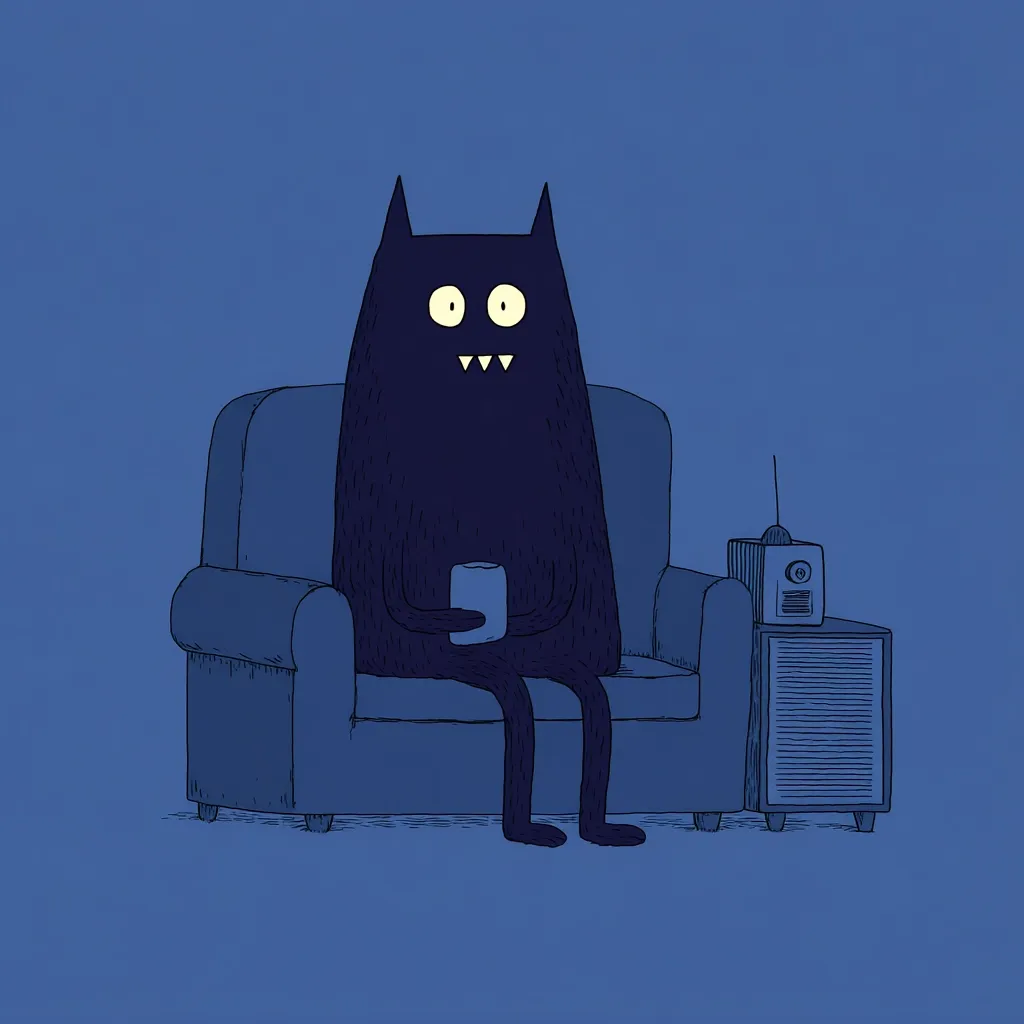 A dark, furry creature with large eyes and pointed teeth sits on a blue armchair, holding a cup.  Next to the chair is a small television set on a stand. The scene is set against a dark blue background, creating a somewhat eerie yet whimsical atmosphere. The style is reminiscent of simple line drawings.