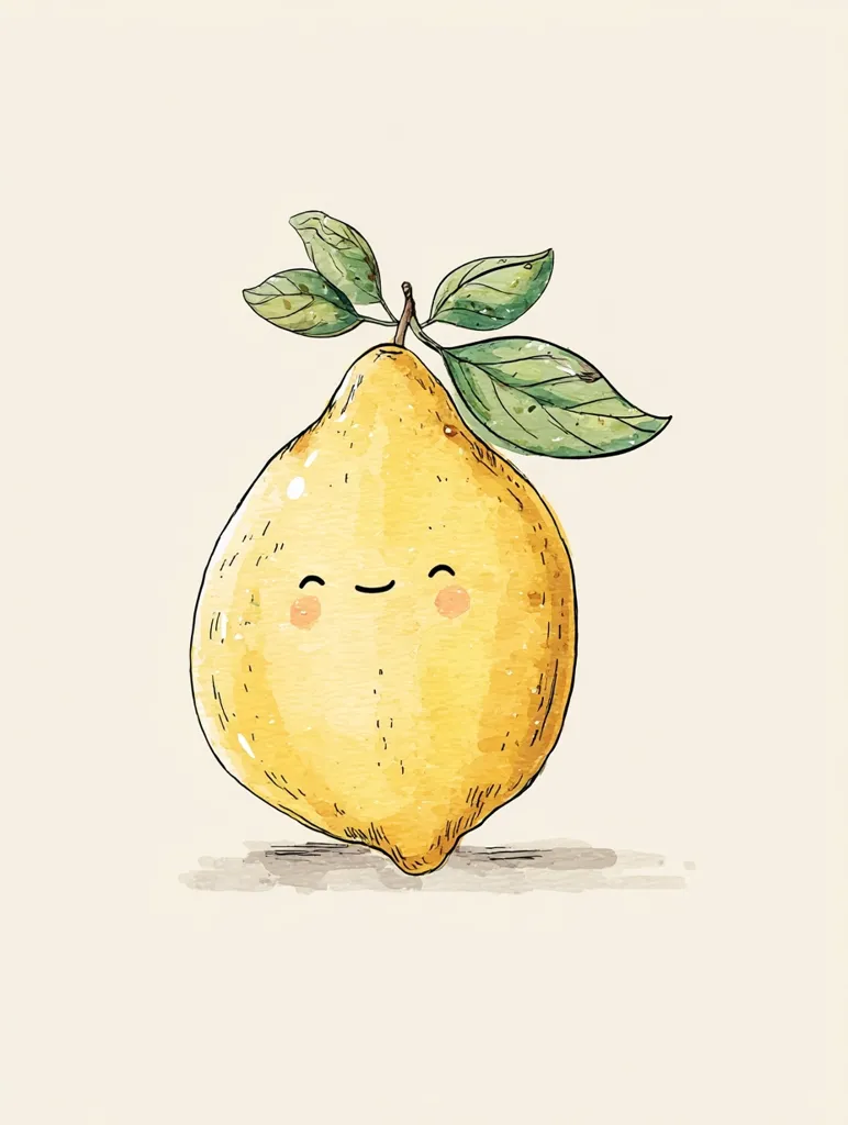 A charming illustration showcases a cartoon lemon, radiating happiness with a cheerful smile and rosy cheeks.  The lemon's vibrant yellow hue is accentuated by a few green leaves atop its stem.  The watercolor-style artwork is simple yet expressive, evoking feelings of joy and freshness. The background is a soft beige, enhancing the lemon's bright presence.