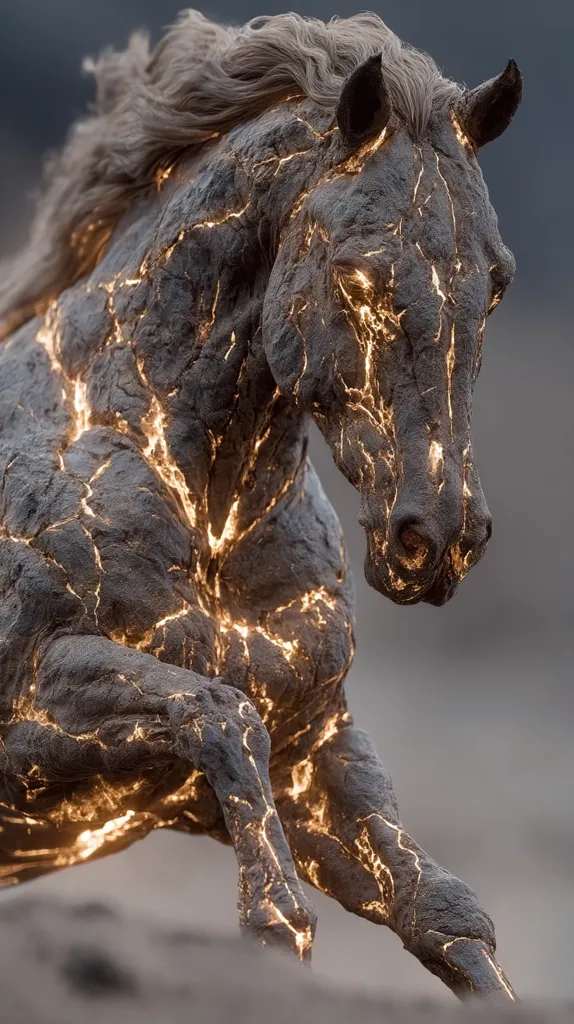 A majestic horse, seemingly sculpted from stone, runs across a sandy landscape.  Its body is textured with deep cracks, glowing with an inner light that emanates from within the crevices. The horse's mane flows dynamically, contrasting the rigid stone-like form.  The image evokes a sense of mythical power and ancient energy.