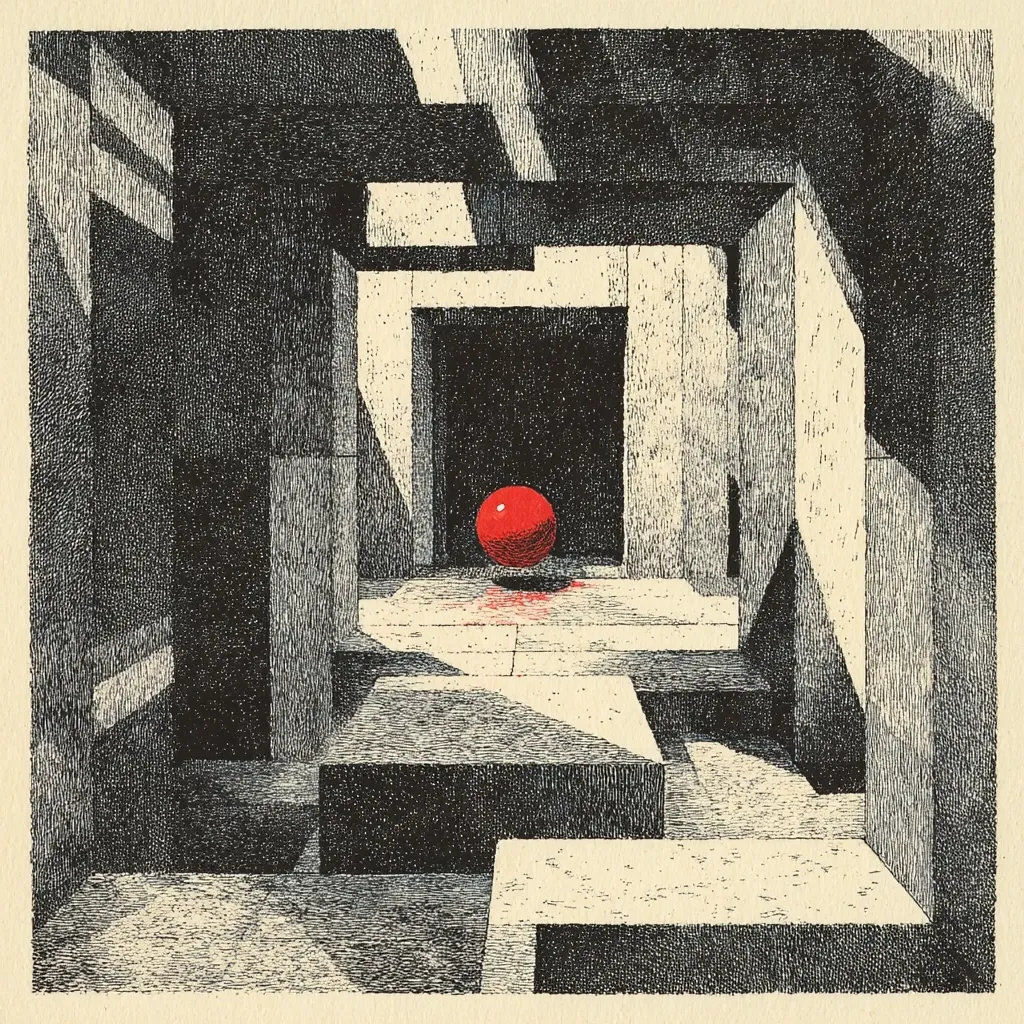 A monochromatic pen-and-ink drawing depicts a complex, abstract architectural space.  The style is reminiscent of Cubism or Surrealism, featuring interlocking geometric shapes and stark contrasts of light and shadow.  A single, bright red sphere rests centrally on the floor, a vibrant focal point within the maze-like structure.  The overall effect is one of both intricacy and isolation.