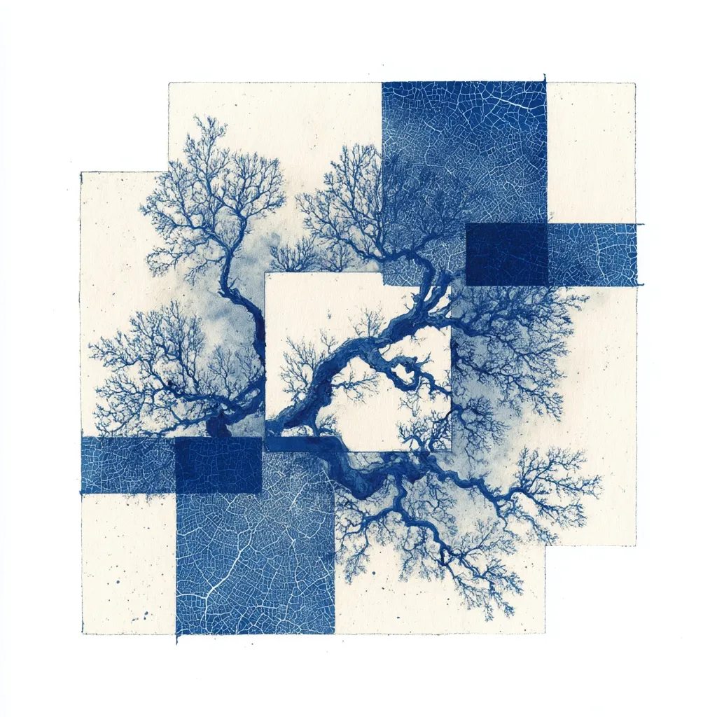 A stylized artwork features a bare tree in shades of blue, fragmented and overlaid onto a grid of textured squares. The tree's branches sprawl across the composition, creating a sense of depth and movement.  The blue tones suggest a cool, possibly wintery atmosphere.  The fragmented nature of the image evokes a feeling of deconstruction or abstraction, highlighting the interplay between nature and geometric forms.